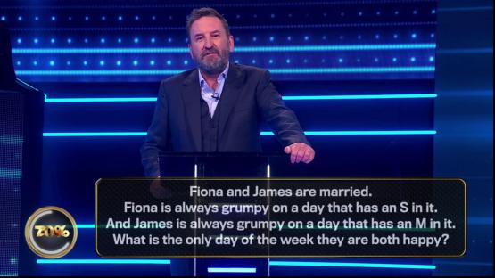 A game show host presents a riddle: Fiona and James are married; Fiona is grumpy on days with an