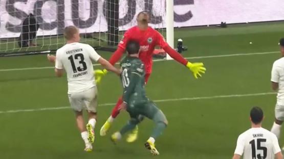 James Maddison wiped out by Frankfurt goalkeeper with Tottenham star extremely lucky to avoid nasty injury