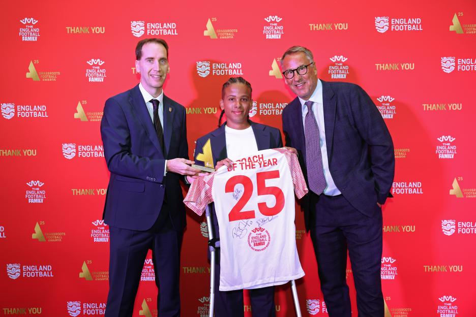 LONDON, ENGLAND - AUGUST 10: Jude Geoghegan poses for a photograph with the Coach of the Year Disability Pathway award alongside Paul Merson and Mark Bullingham during the Grassroots Football Awards 2025 at Wembley Stadium on August 10, 2025 in London, England. (Photo by Tom Dulat/The FA via Getty Images)