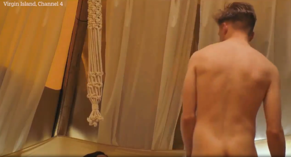 Man's back in a tent on Virgin Island, Channel 4.