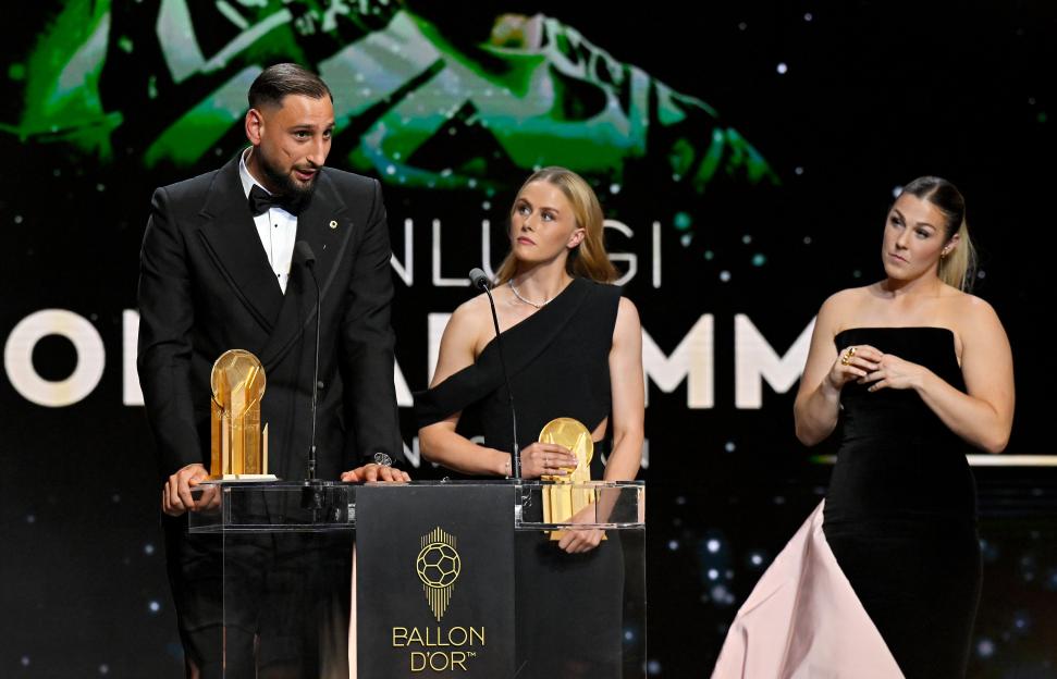 Gianluigi Donnarumma and Hannah Hampton on stage at the 69th Ballon D'Or Ceremony.