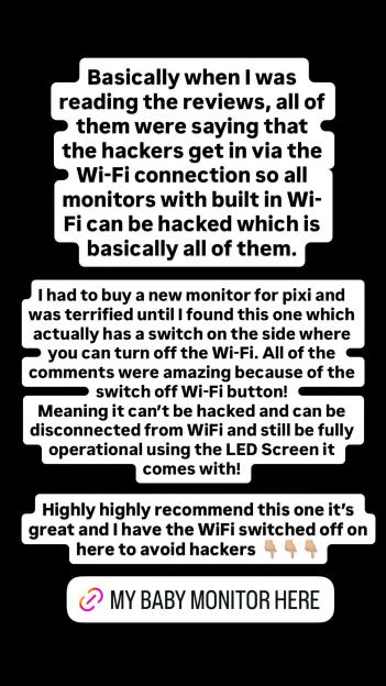 A social media post with white text on a black background discussing baby monitor security and a recommendation for a monitor with a Wi-Fi off switch.