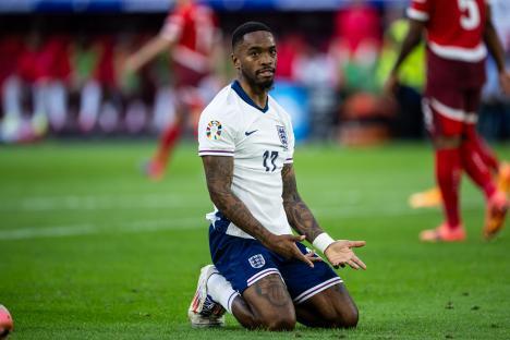 Ivan Toney of the England national team looks dejected during a soccer match.