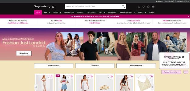Superdrug online fashion marketplace homepage.