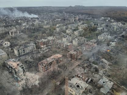 Aerial view of destroyed buildings in Toretsk, Ukraine.