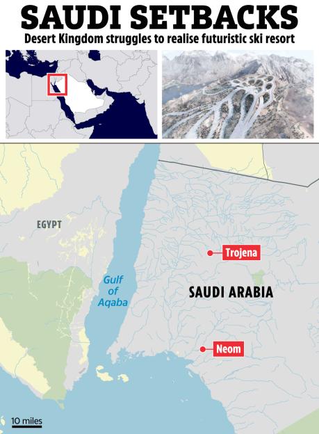 Map showing the locations of Trojena and Neom in Saudi Arabia, alongside an illustration of the planned Trojena ski resort.