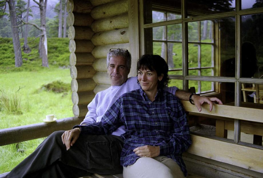 Photo of Jeffrey Epstein and Ghislaine Maxwell sitting on a porch.