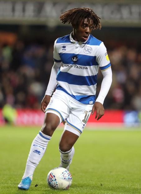 Eberechi Eze of Queens Park Rangers running with the ball during a soccer match.