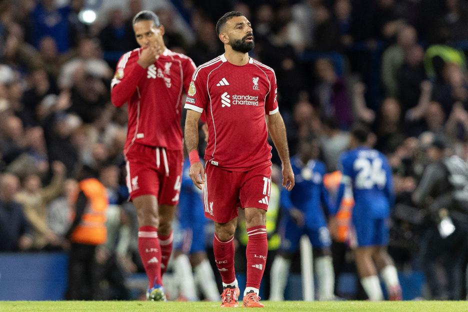 Mohamed Salah of Liverpool looking dejected after Chelsea's goal.
