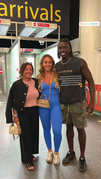 Meg, Dejon, and Meg's mum at London Gatwick airport.