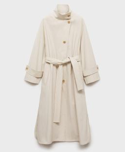Beige belted trench coat.