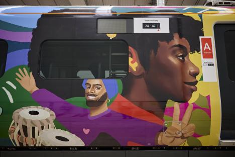 Illustration of a train wrapped in artwork celebrating diversity.