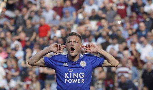 Jamie Vardy of Leicester City celebrating a goal.