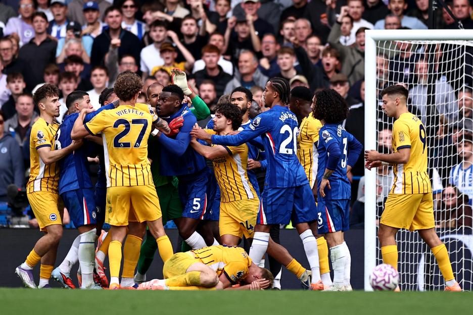Benoit Badiashile #5 reacts during a football match between Chelsea and Brighton.