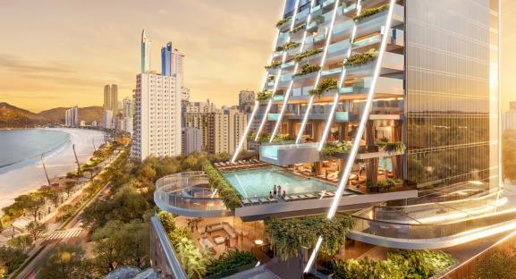 Illustration of the Sienna Tower, a 500-meter-tall residential building named after Ayrton Senna, overlooking a beach.