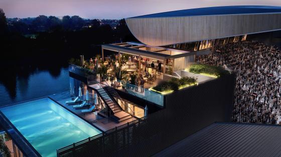 Illustration of a rooftop pool and lounge area at Craven Cottage stadium.