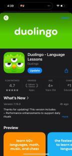 Duolingo app update screenshot showing new features and performance enhancements.