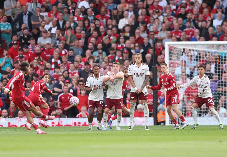 Dominik Szoboszlai taking a free kick for Liverpool.