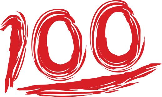 Illustration of the number 100 in red paint strokes.