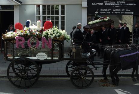 The Funeral of Ronnie Kray attended by his twin Reggie and other Kray family members. Ronnie Kray was eventually certified insane and lived the remainder of his life in Broadmoor Hospital, Crowthorne, dying on 17 March 1995 of a heart attack at the age of 61. He was buried at Chingford Mount Cemetery in East London where their mother was interred in the Kray family plot. Crowds lined the streets of East London to pay their respects to the notorious criminal, Reg's security team controlled the crowds headed by Dave Courtenay 29/03/1995