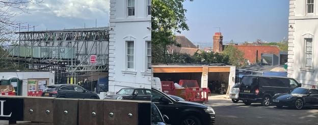 Before and after photos of George Michael's home renovation, showing scaffolding and construction work.