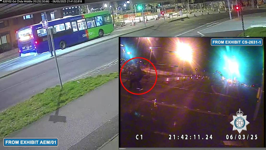 CCTV footage split into two screens, the larger showing a blue and green Swindon bus turning, and the smaller showing an individual being dragged across the street at night, highlighted by a red circle.