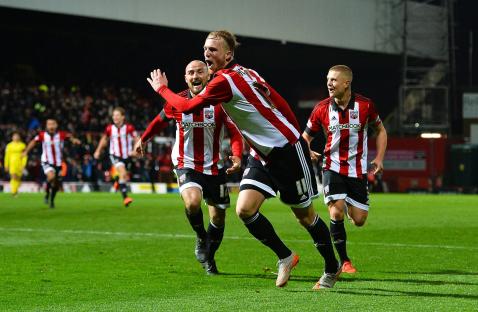 Philipp Hofmann of Brentford celebrating a goal.