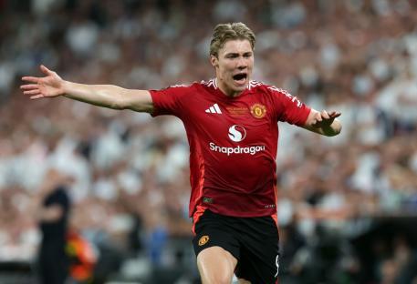 BILBAO, SPAIN - MAY 21: Rasmus Højlund of Manchester United is seen during the UEFA Europa League Final 2025 between Tottenham Hotspur and Manchester United at on May 21, 2025 in Bilbao, Spain. (Photo by Ian MacNicol/Getty Images)