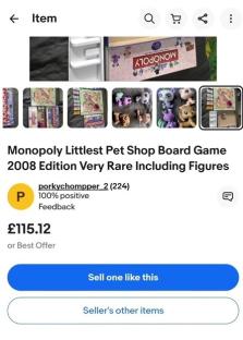 eBay listing for a rare 2008 Monopoly Littlest Pet Shop board game, £115.12.