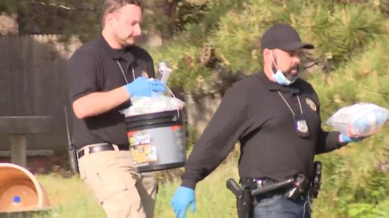 Two officers in blue gloves carrying bags of what appear to be dead cats.