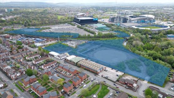 Aerial view of Holt Town, Manchester, showing an area slated for regeneration.