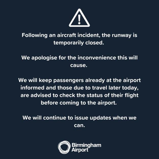 Runway temporarily closed due to aircraft incident; check flight status before arriving at Birmingham Airport.