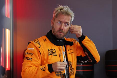 Sam Bird of the NEOM McLaren Formula E Team in the garage at the Monaco E-Prix.