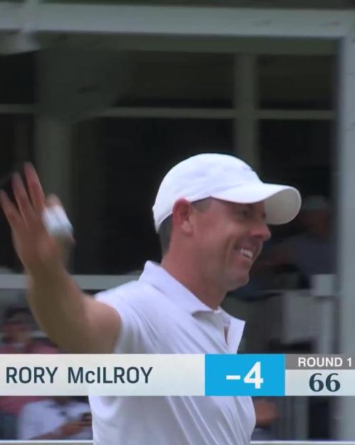 Rory McIlroy celebrating after a round of golf, score -4, 66.