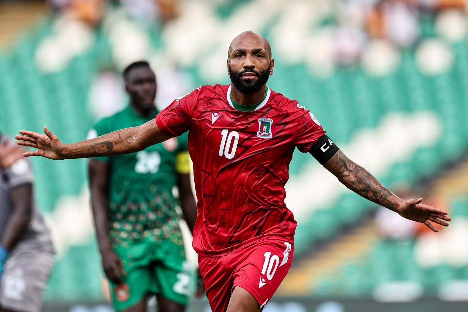 Equatorial Guinea's forward #10 Emilio Nsue celebrates scoring his team's first goal during the Africa Cup of Nations (CAN) 2024 group A football match.