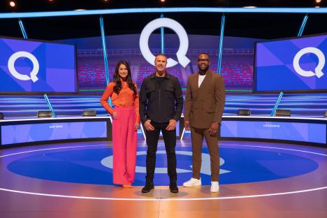 Sam Quek, Paddy McGuinness, and Ugo Monye on the set of Question of Sport.