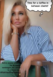 Woman in striped shirt, addressing engagement rumors.