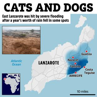Map of Lanzarote highlighting areas affected by severe flooding.