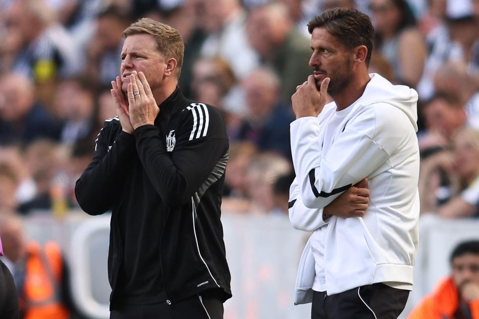 Eddie Howe and Jason Tindall, managers of Newcastle United, at a soccer match.