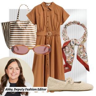 Collage of a brown dress, striped tote bag, paisley scarf, sunglasses, and crocheted flats; Abby, Deputy Fashion Editor.