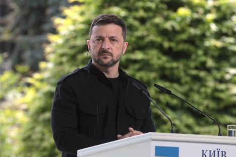 Volodymyr Zelenskyy at a press conference in Kyiv.