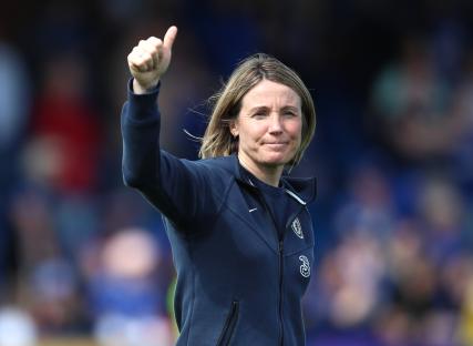 Photo of Sonia Bompastor, Chelsea manager, giving a thumbs up.