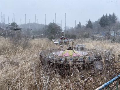 Overgrown carousel in abandoned Japanese theme park.