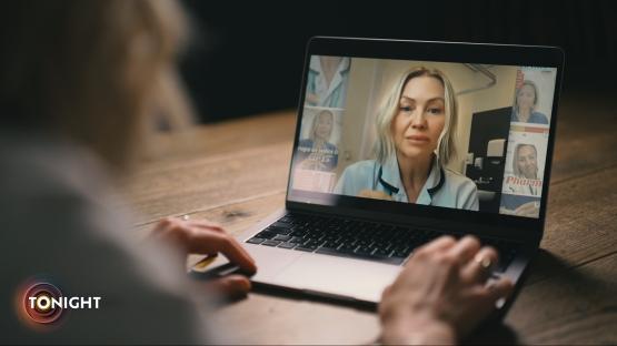 Laptop screen showing a video call with a woman in a nurse's uniform discussing illegal weight-loss drugs.