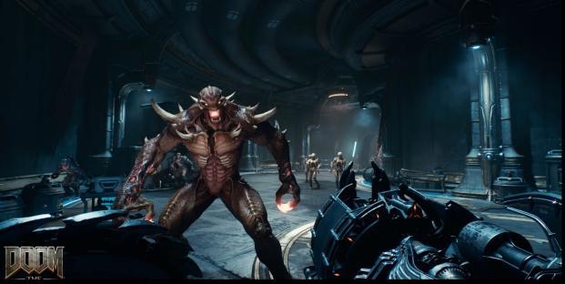 Screenshot of Doom Eternal gameplay showing a large demonic enemy.