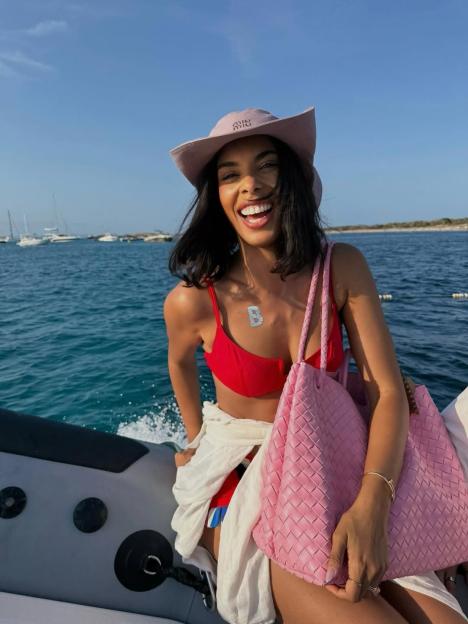 Rochelle Humes on a boat, smiling.