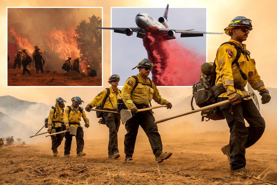Collage of firefighters battling a wildfire, including an aerial firefighting scene.