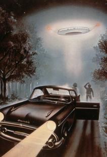 Illustration of a flying saucer hovering over a car and two people.