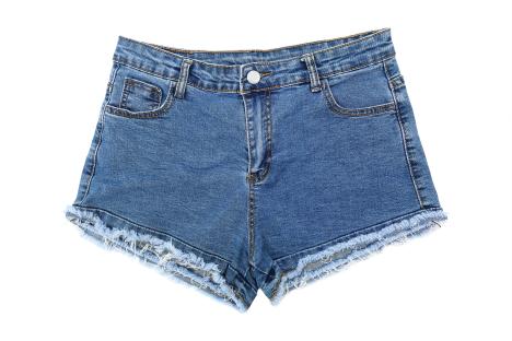 Short blue denim shorts with frayed edges.