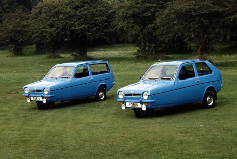 Two Reliant Robins parked on a grassy field.